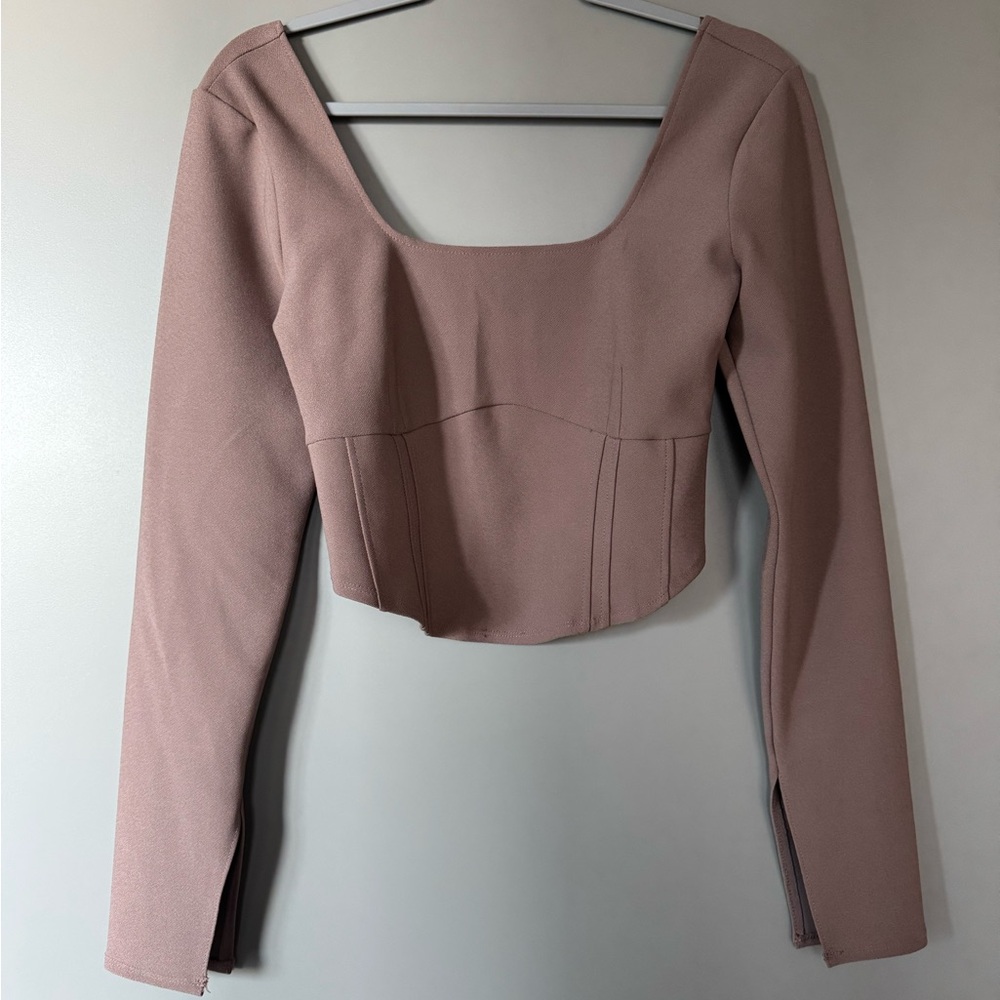 Abercrombie & Fitch Tan Long Sleeve Corset-esque Crop Top